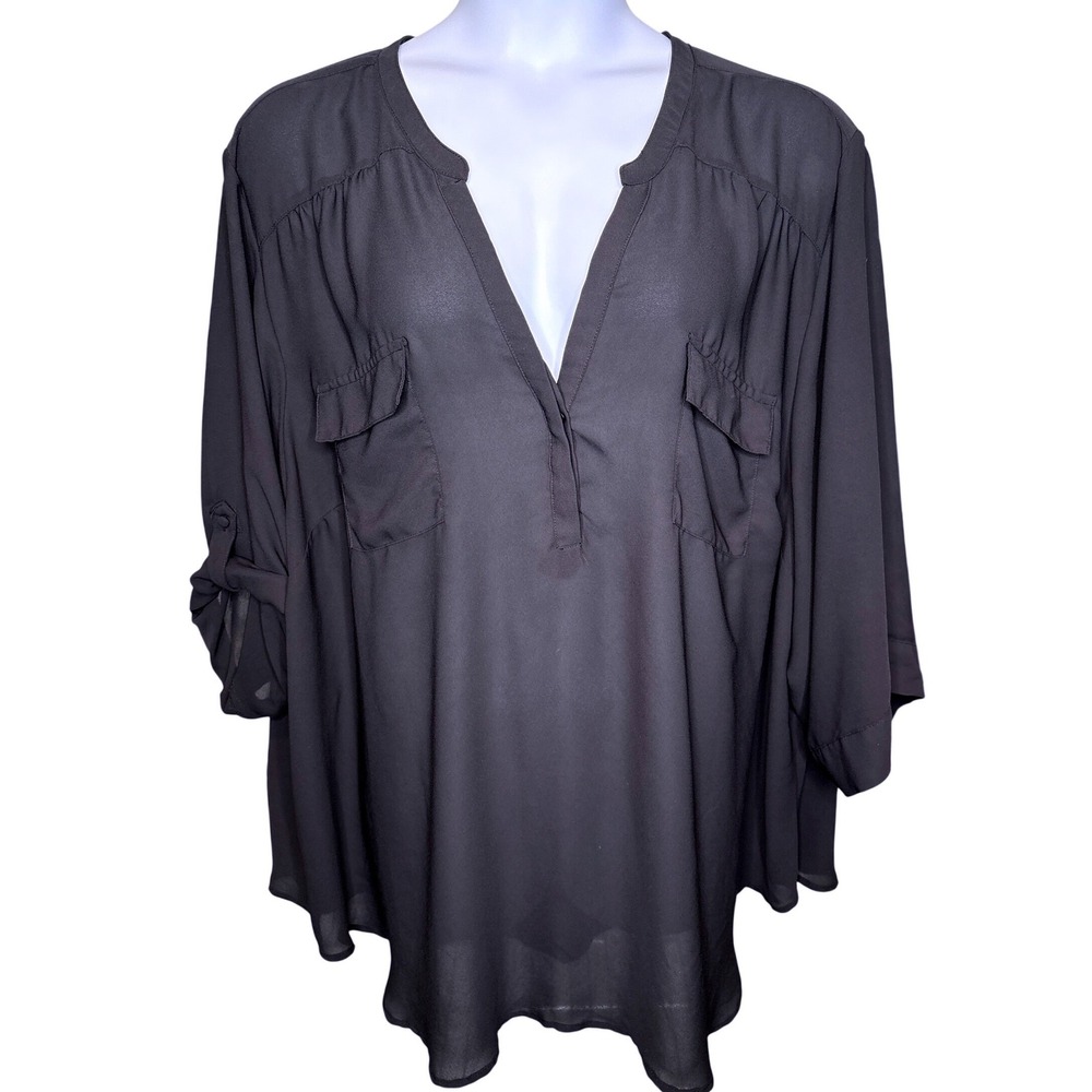 Torrid‎ Womens Black Chiffon Roll Tab Long Sleeve Blouse Sz 6X Workwear Flowy